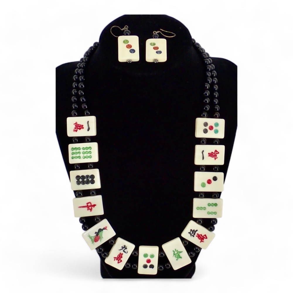 Mahjong Tile Statement Necklace and Earring Set - Black and Cream